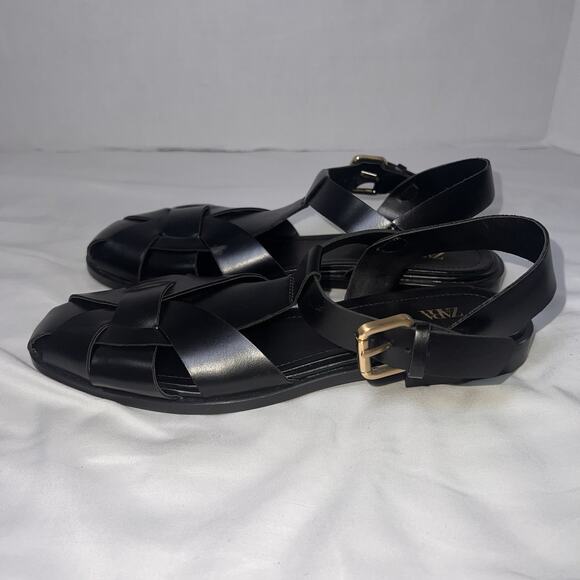 Zara Fisherman Sandals Size 39 (8) Black Gladiator Leather Caged Toe Flat Casual - Picture 6 of 10